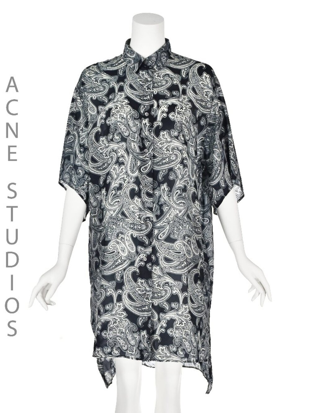 ACNE STUDIOS Oversized Navy Blue Shirt Dress with Grey Paisley Print SZ SM NWOT
